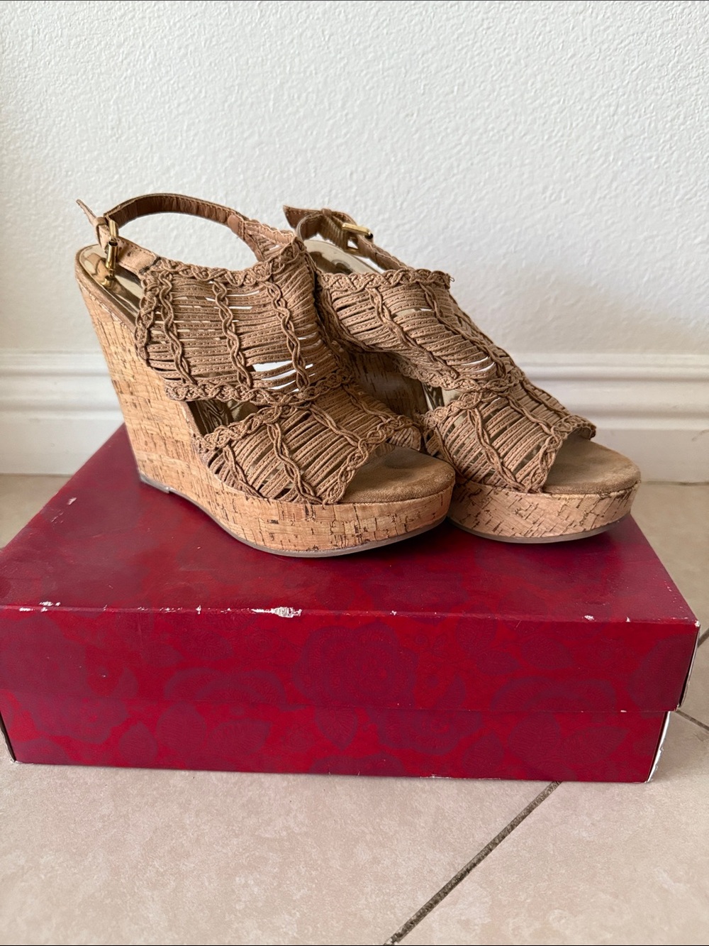 Carlos by Carlos Santana Tan Woven Cork Wedge Sandals